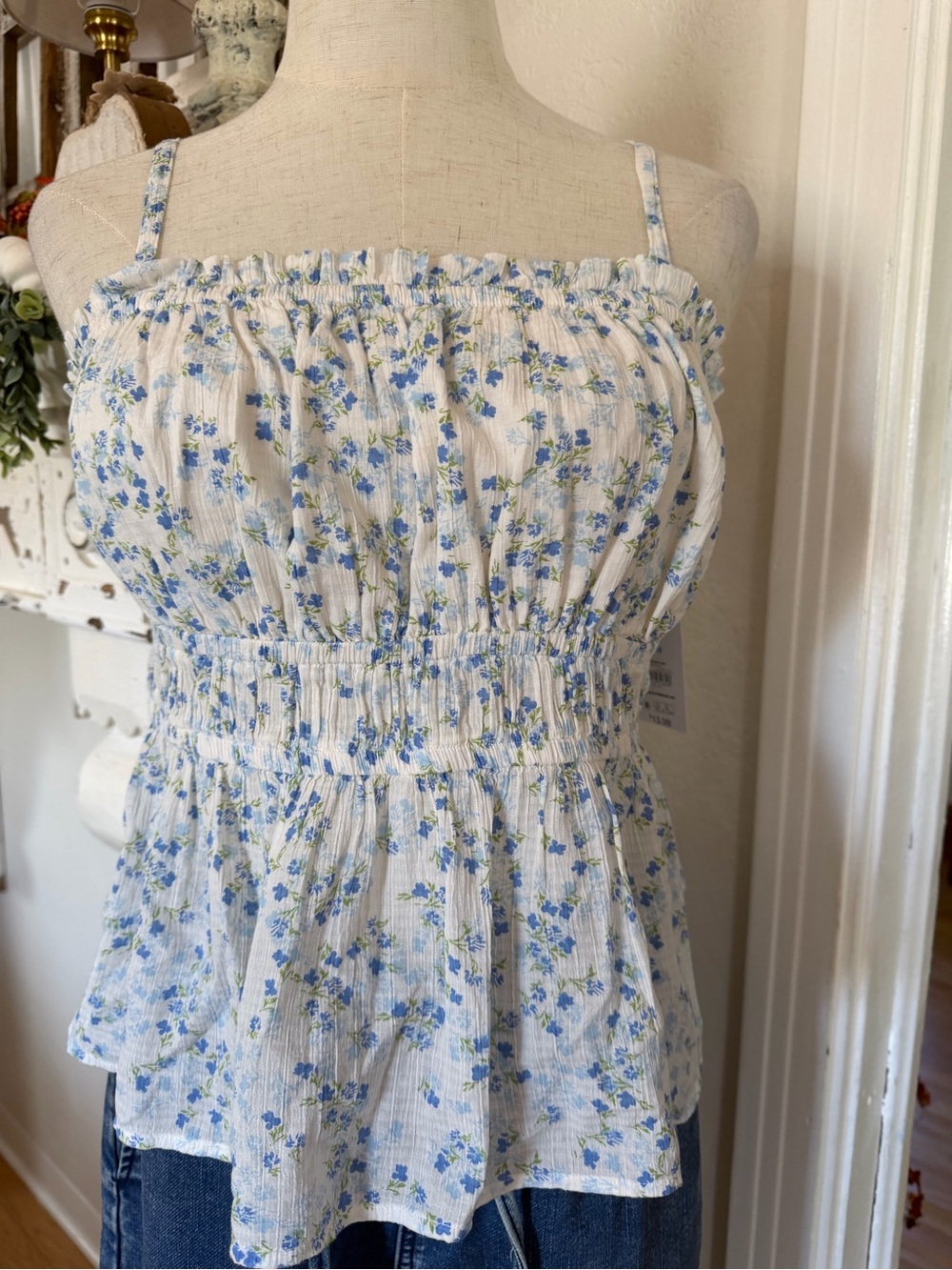 Time and Tru White Smocked Floral Cami with Blue Print